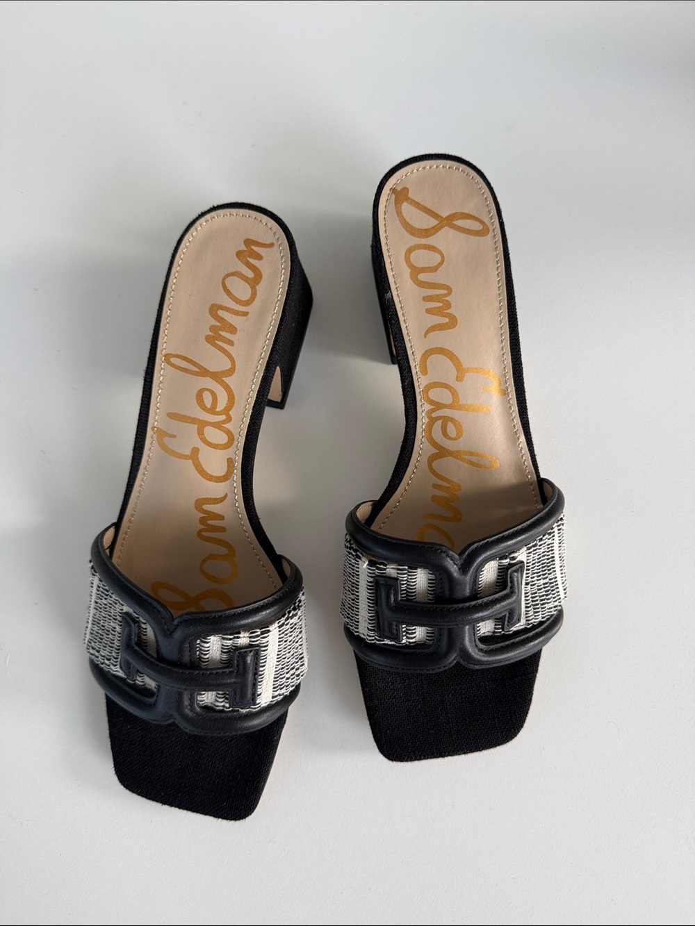 Sam Edelman Waylon Black and White Block Heel Mules Slide Sandals